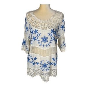 Oliver Crochet Embroidery Tunic Top‎ Blue Cream Cotton Size Medium